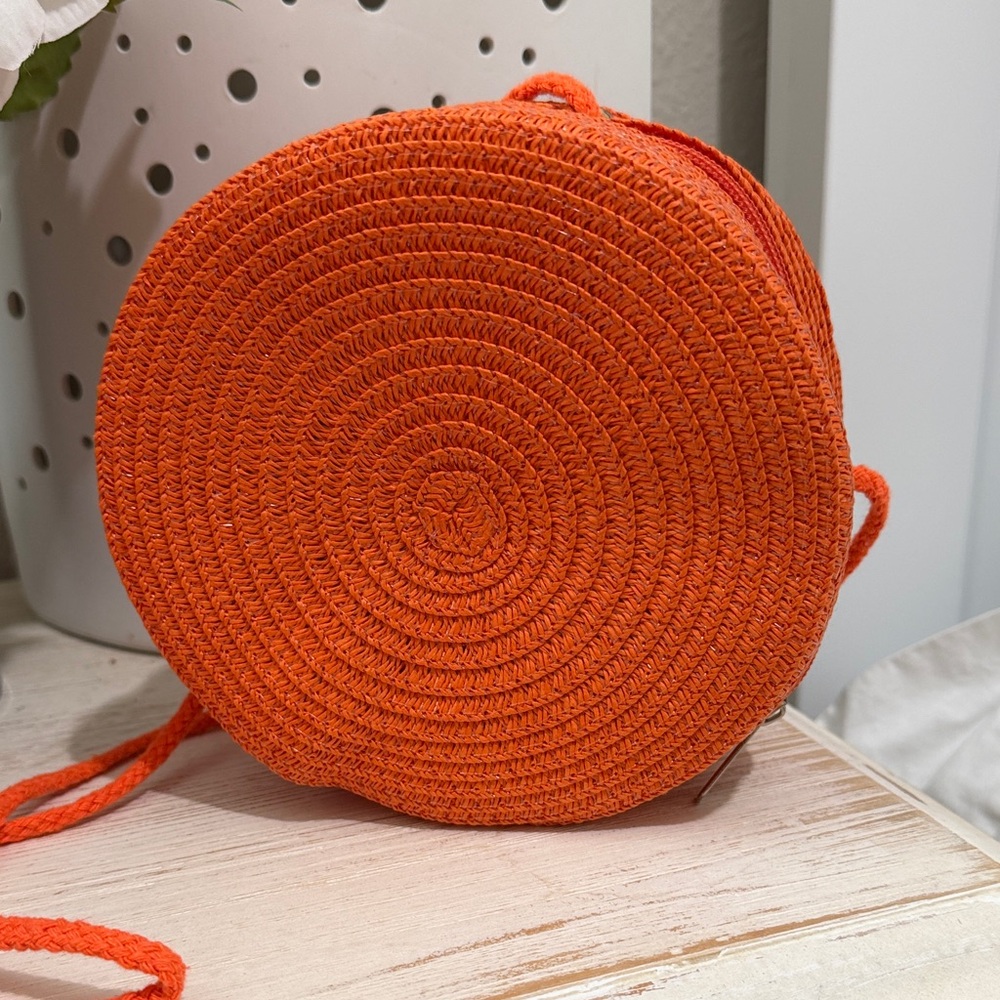 Orange Woven Round Crossbody Bag